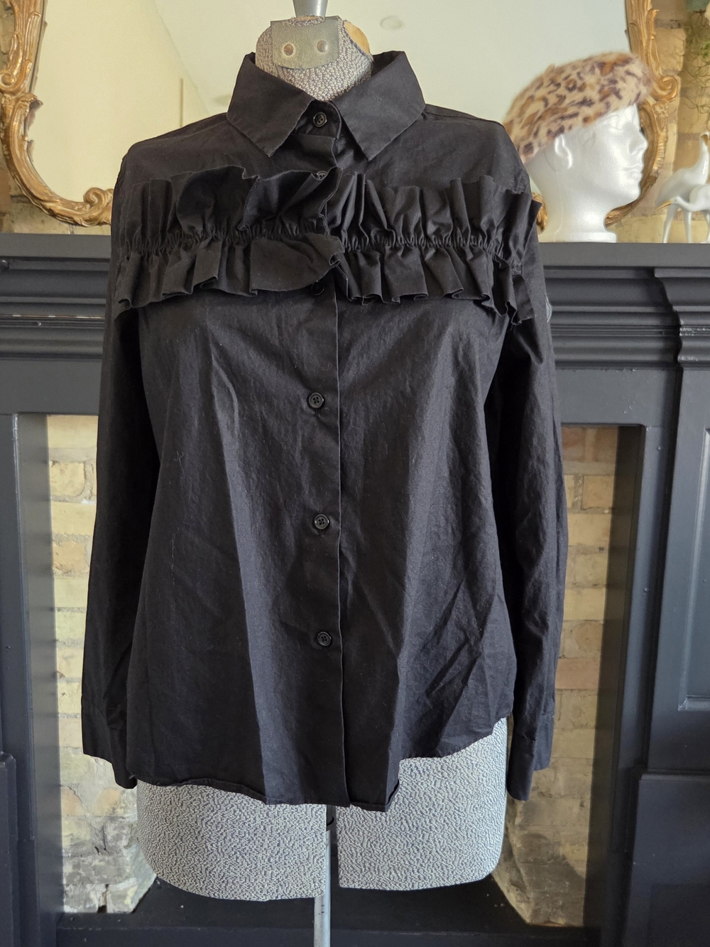 Moncler Black Ruffled Button-Down Shirt - Picture 1 of 7